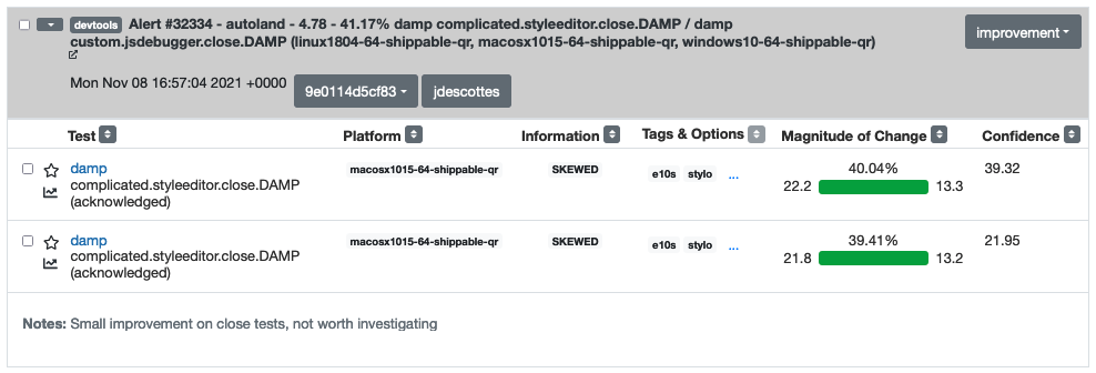 DevTools alert notes and owner