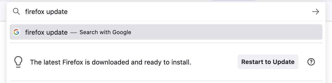Image of the update intervention result with text "The latest Firefox is downloaded and ready to install"