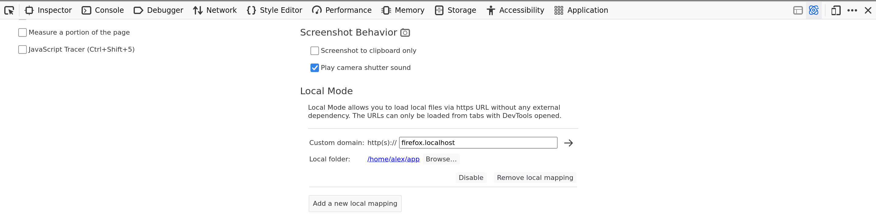 The Local Mode settings in DevTools options panel
